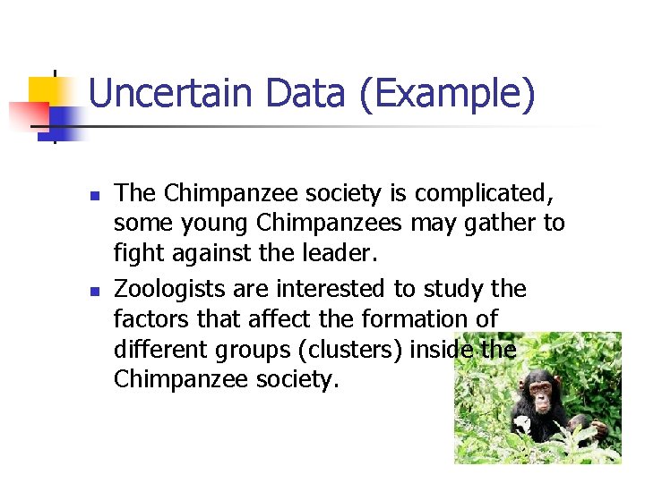 Uncertain Data (Example) n n The Chimpanzee society is complicated, some young Chimpanzees may