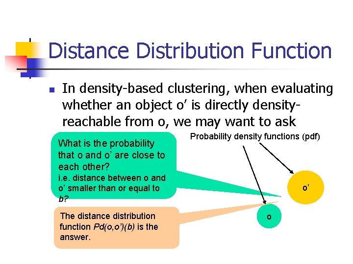 Distance Distribution Function n In density-based clustering, when evaluating whether an object o’ is