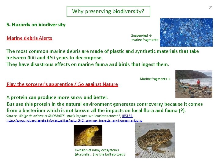 Why preserving biodiversity? 5. Hazards on biodiversity Suspended → marine fragments. Marine debris Alerts