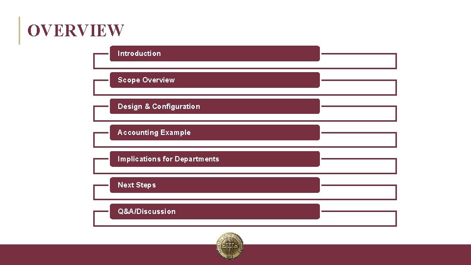 OVERVIEW Introduction Scope Overview Design & Configuration Accounting Example Implications for Departments Next Steps
