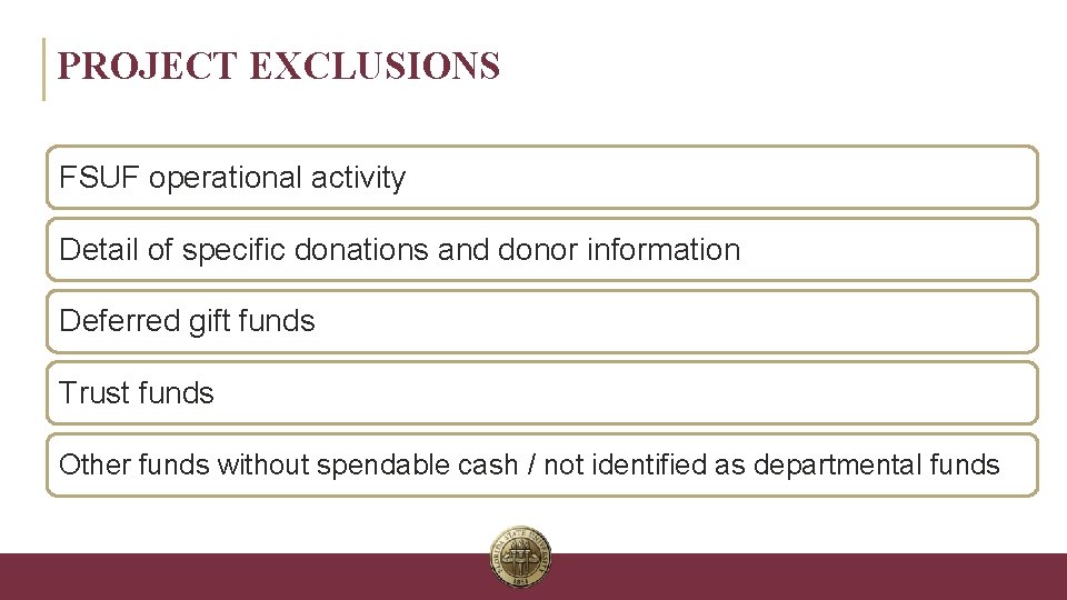 PROJECT EXCLUSIONS FSUF operational activity Detail of specific donations and donor information Deferred gift