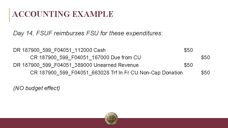 ACCOUNTING EXAMPLE Day 14, FSUF reimburses FSU for these expenditures: DR 187900_599_F 04051_112000 Cash