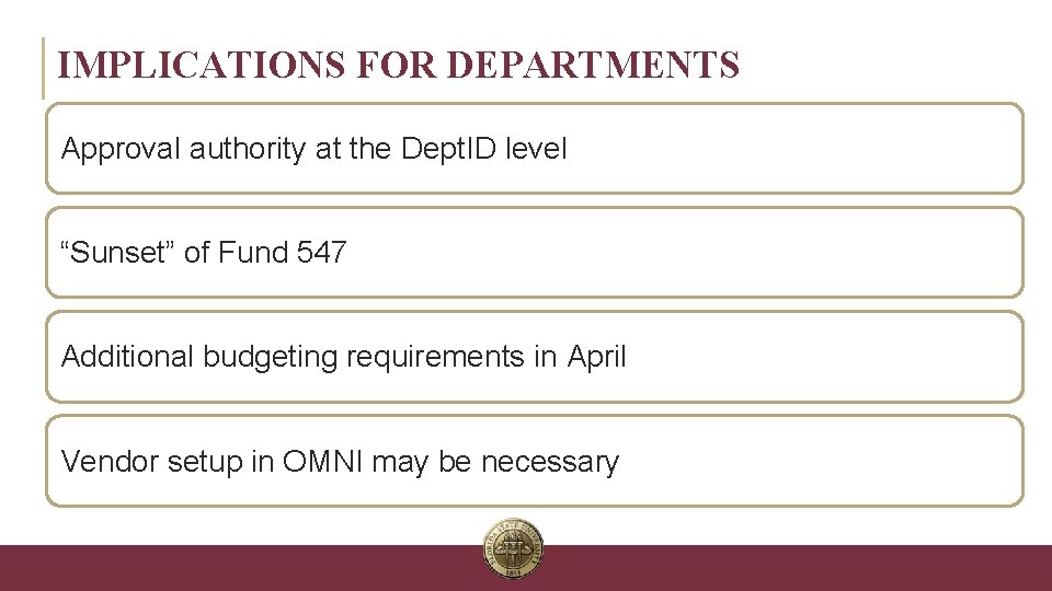 IMPLICATIONS FOR DEPARTMENTS Approval authority at the Dept. ID level “Sunset” of Fund 547