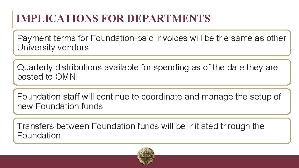 IMPLICATIONS FOR DEPARTMENTS Payment terms for Foundation-paid invoices will be the same as other