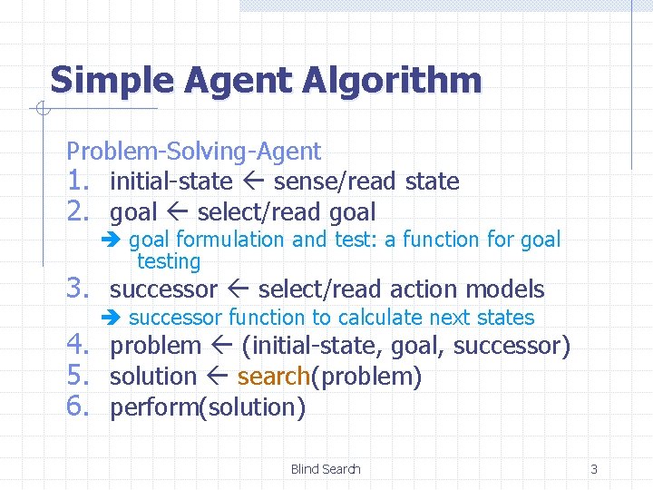 Simple Agent Algorithm Problem-Solving-Agent 1. initial-state sense/read state 2. goal select/read goal formulation and