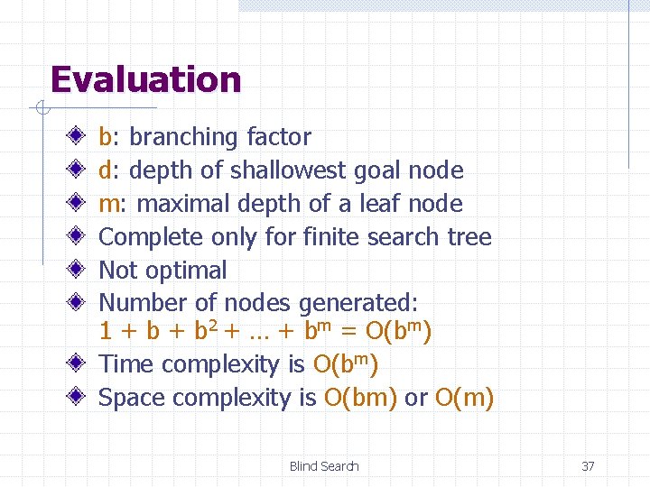 Evaluation b: branching factor d: depth of shallowest goal node m: maximal depth of