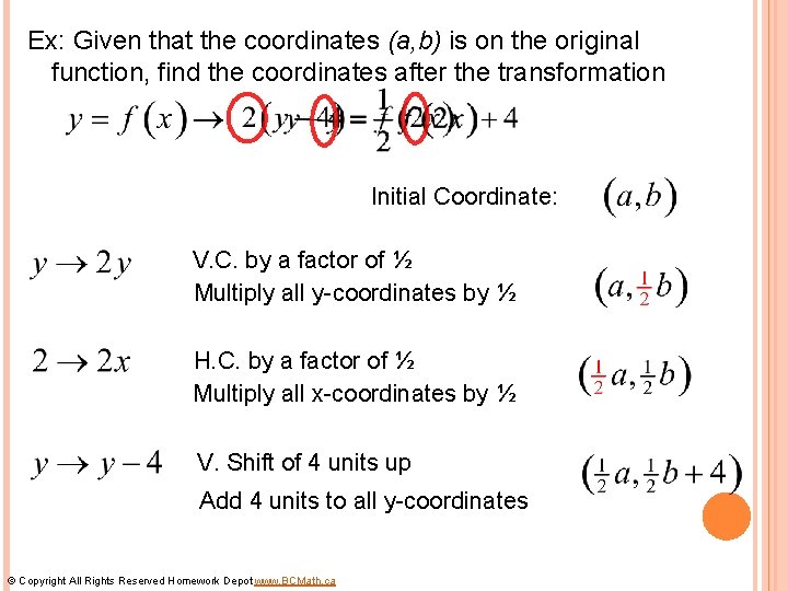 Ex: Given that the coordinates (a, b) is on the original function, find the