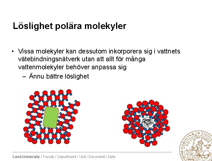 Löslighet polära molekyler • Vissa molekyler kan dessutom inkorporera sig i vattnets vätebindningsnätverk utan