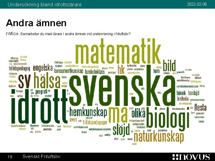 Undersökning bland idrottslärare Andra ämnen FRÅGA: Samarbetar du med lärare i andra ämnen vid