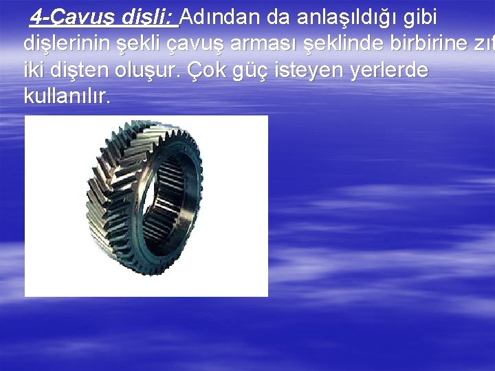 4 -Çavuş dişli: Adından da anlaşıldığı gibi dişlerinin şekli çavuş arması şeklinde birbirine zıt