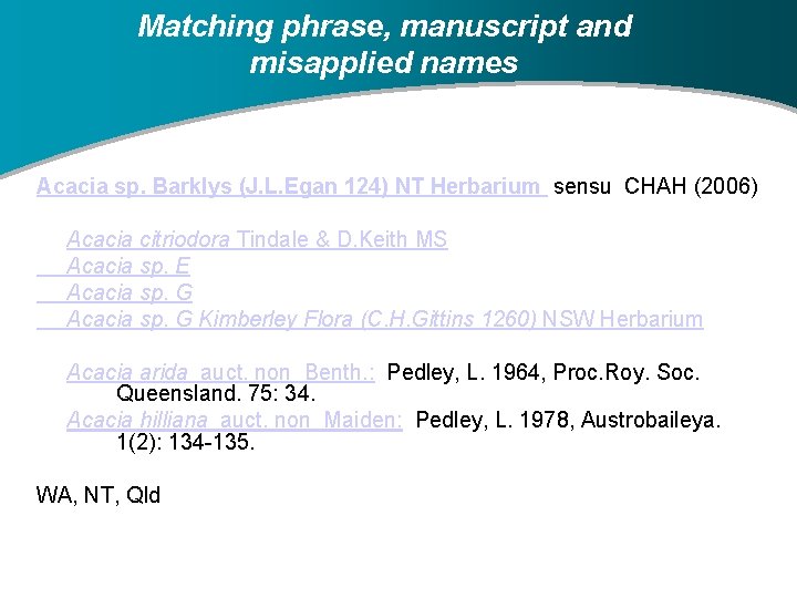 Matching phrase, manuscript and misapplied names Acacia sp. Barklys (J. L. Egan 124) NT