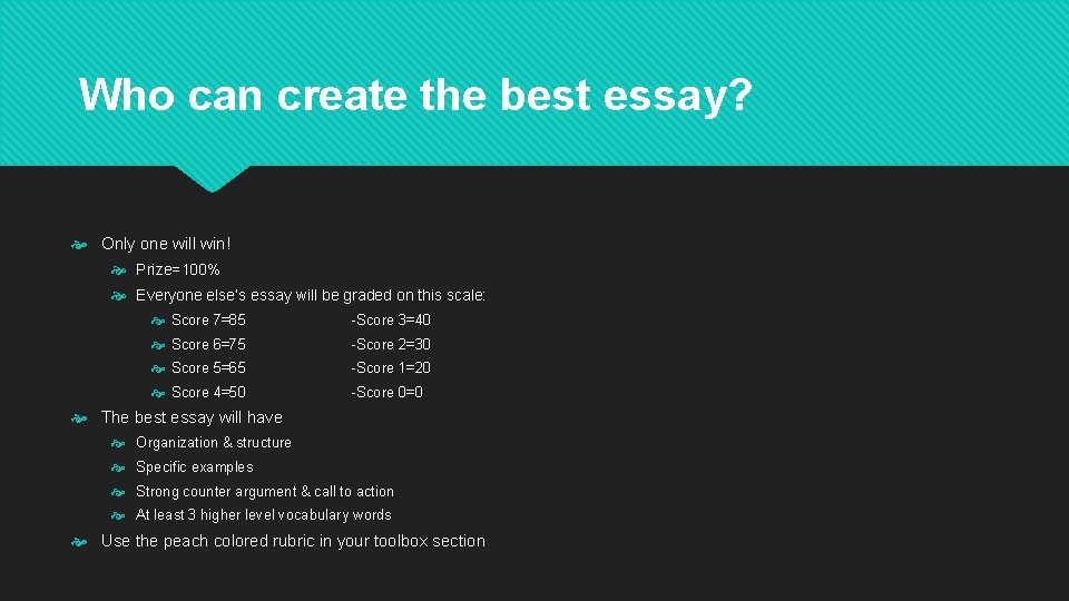 Who can create the best essay? Only one will win! Prize=100% Everyone else’s essay