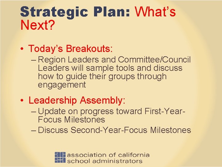 Strategic Plan: What’s Next? • Today’s Breakouts: – Region Leaders and Committee/Council Leaders will