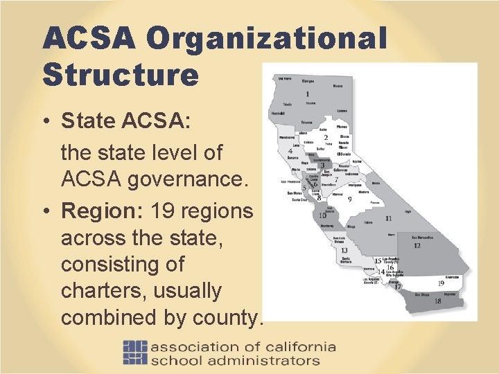 ACSA Organizational Structure • State ACSA: the state level of ACSA governance. • Region: