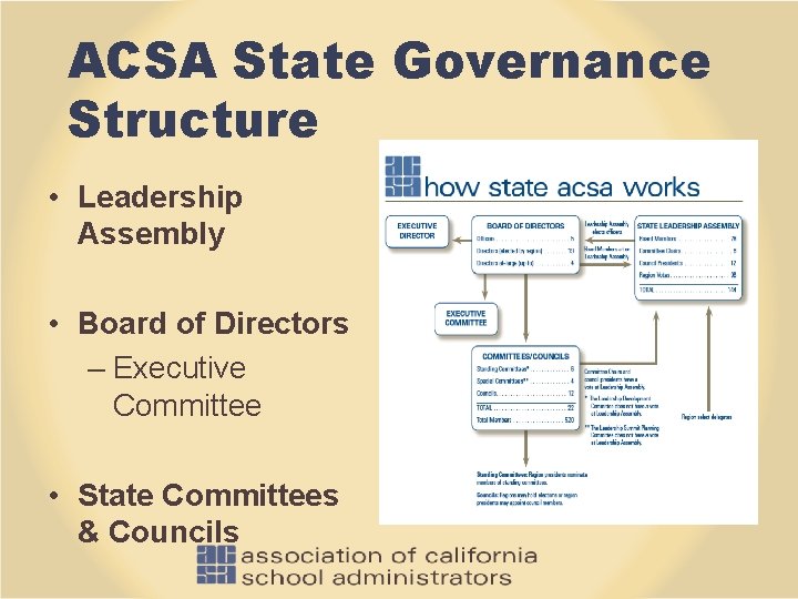 ACSA State Governance Structure • Leadership Assembly • Board of Directors – Executive Committee