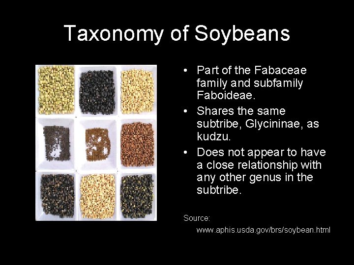 Taxonomy of Soybeans • Part of the Fabaceae family and subfamily Faboideae. • Shares