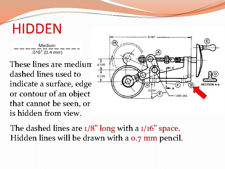 HIDDEN These lines are medium dashed lines used to indicate a surface, edge, or