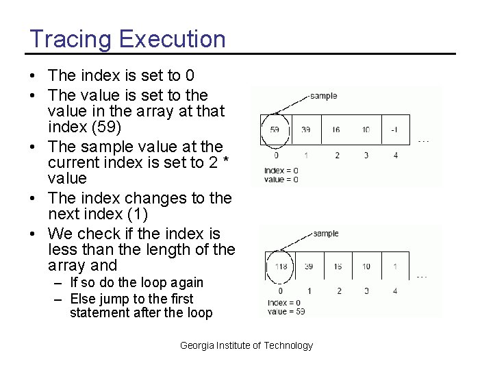 Tracing Execution • The index is set to 0 • The value is set