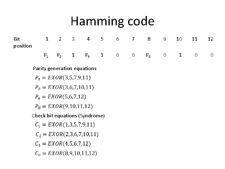 Hamming code Bit position 1 2 3 4 5 6 7 8 9 10