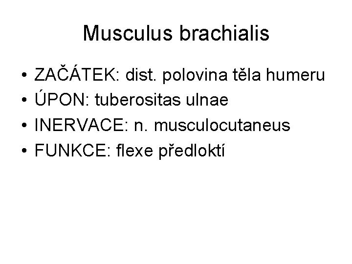 Musculus brachialis • • ZAČÁTEK: dist. polovina těla humeru ÚPON: tuberositas ulnae INERVACE: n.
