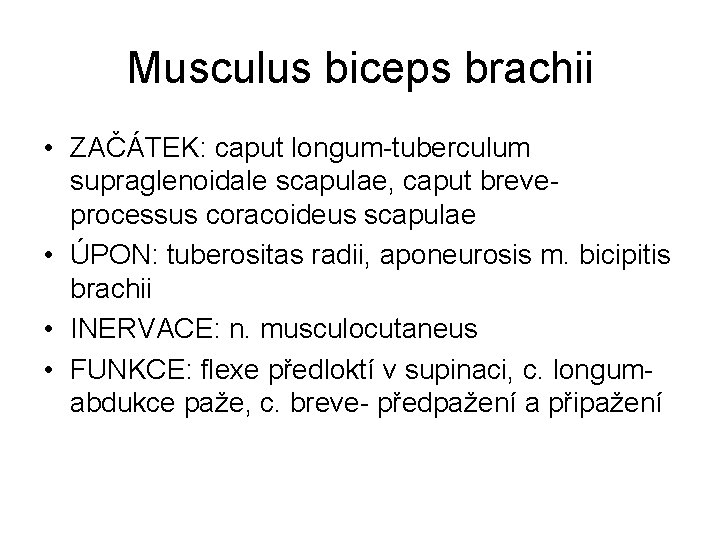 Musculus biceps brachii • ZAČÁTEK: caput longum-tuberculum supraglenoidale scapulae, caput breveprocessus coracoideus scapulae •