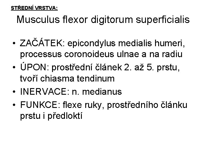 STŘEDNÍ VRSTVA: Musculus flexor digitorum superficialis • ZAČÁTEK: epicondylus medialis humeri, processus coronoideus ulnae