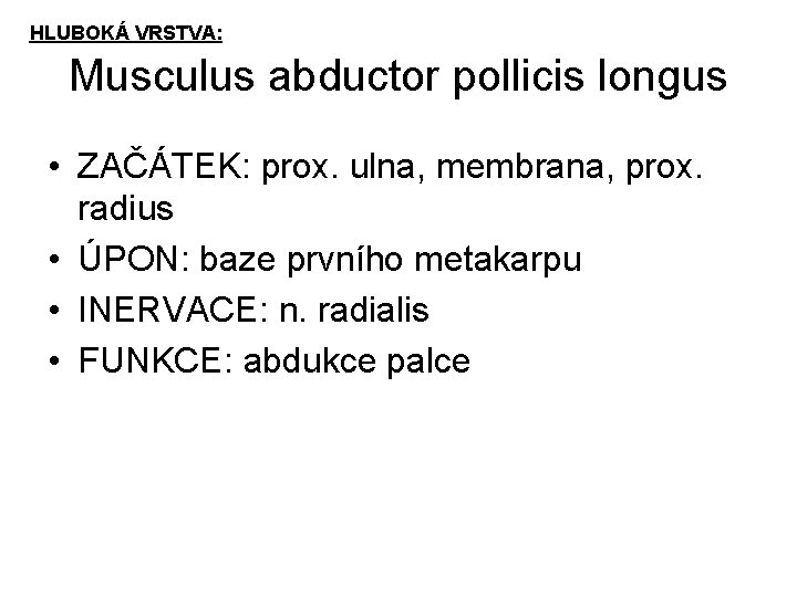 HLUBOKÁ VRSTVA: Musculus abductor pollicis longus • ZAČÁTEK: prox. ulna, membrana, prox. radius •