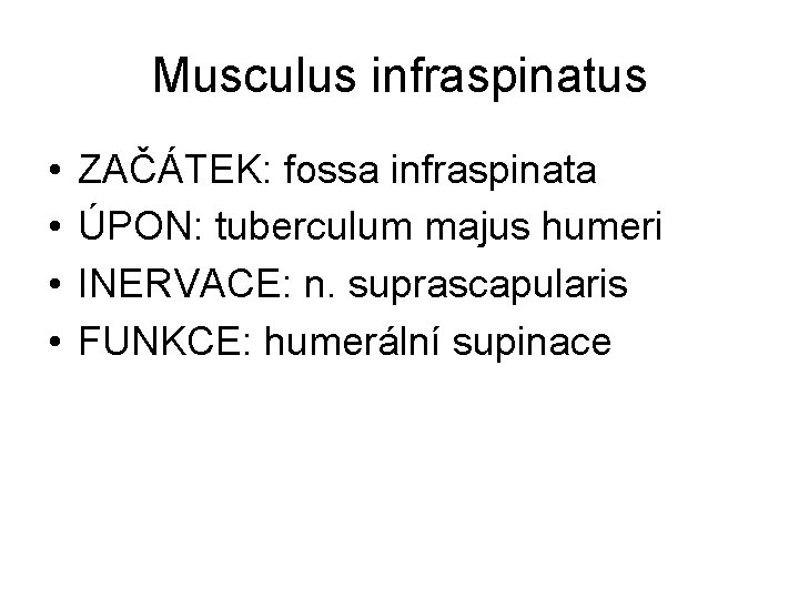 Musculus infraspinatus • • ZAČÁTEK: fossa infraspinata ÚPON: tuberculum majus humeri INERVACE: n. suprascapularis