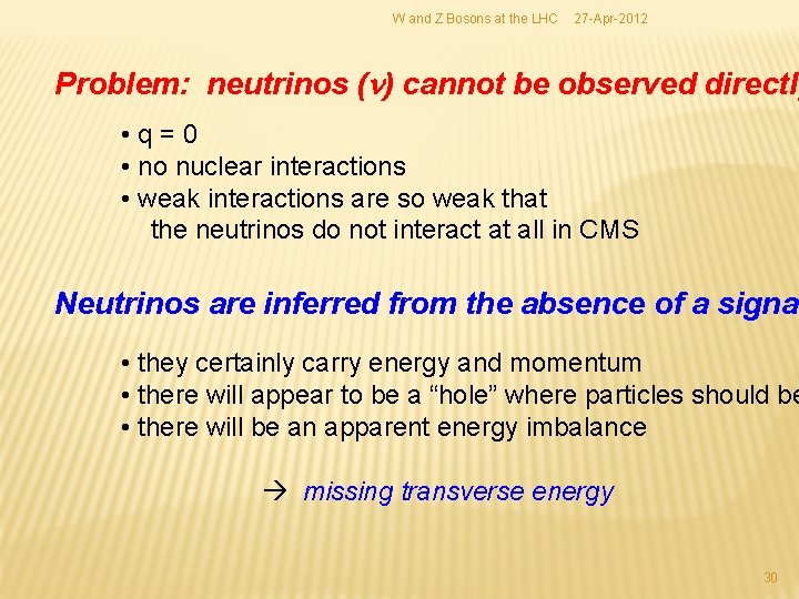 W and Z Bosons at the LHC 27 -Apr-2012 Problem: neutrinos (n) cannot be