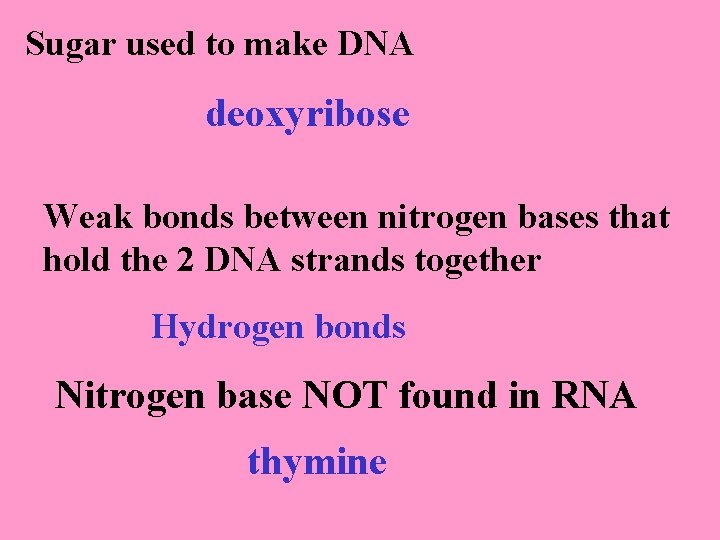 Sugar used to make DNA deoxyribose Weak bonds between nitrogen bases that hold the