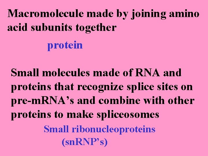 Macromolecule made by joining amino acid subunits together protein Small molecules made of RNA