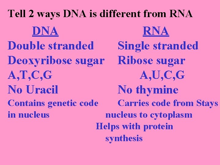 Tell 2 ways DNA is different from RNA Double stranded Deoxyribose sugar A, T,