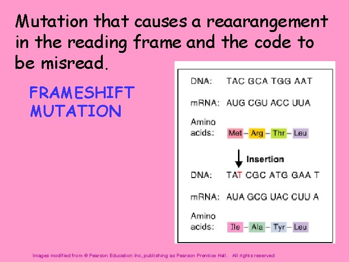 Mutation that causes a reaarangement in the reading frame and the code to be