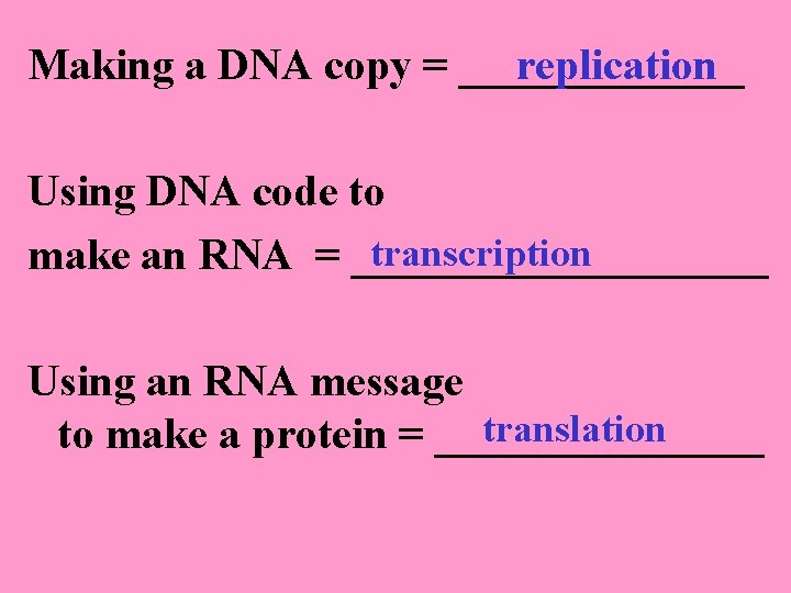 replication Making a DNA copy = _______ Using DNA code to transcription make an