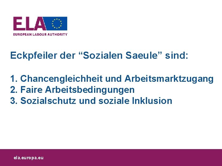 Eckpfeiler der “Sozialen Saeule” sind: 1. Chancengleichheit und Arbeitsmarktzugang 2. Faire Arbeitsbedingungen 3. Sozialschutz