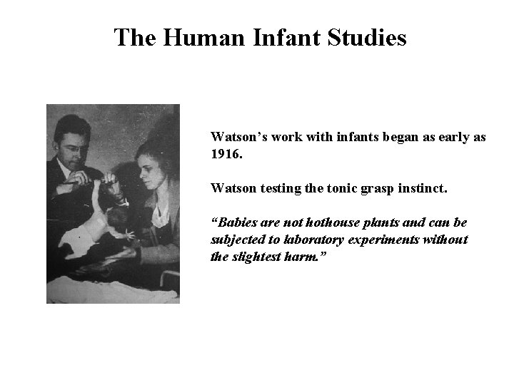 The Human Infant Studies Watson’s work with infants began as early as 1916. Watson