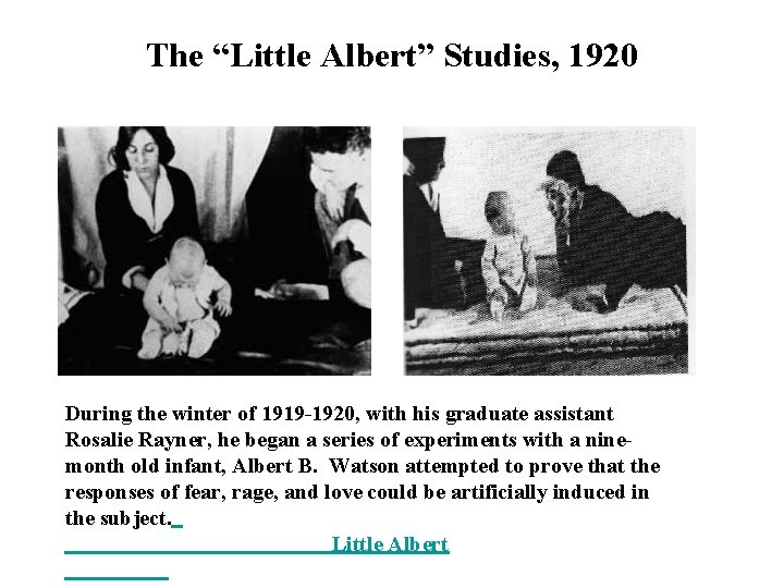 The “Little Albert” Studies, 1920 During the winter of 1919 -1920, with his graduate