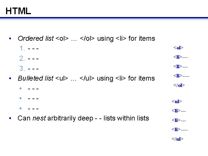 HTML • Ordered list <ol> … </ol> using <li> for items 1. - - HTML • Ordered list <ol> … </ol> using <li> for items 1. - -