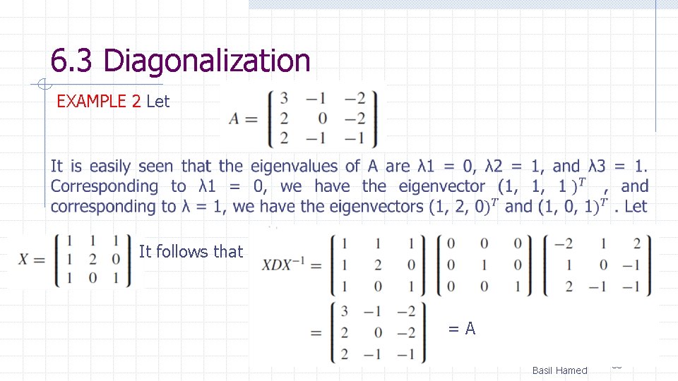 6. 3 Diagonalization EXAMPLE 2 Let It follows that =A Basil Hamed 55 