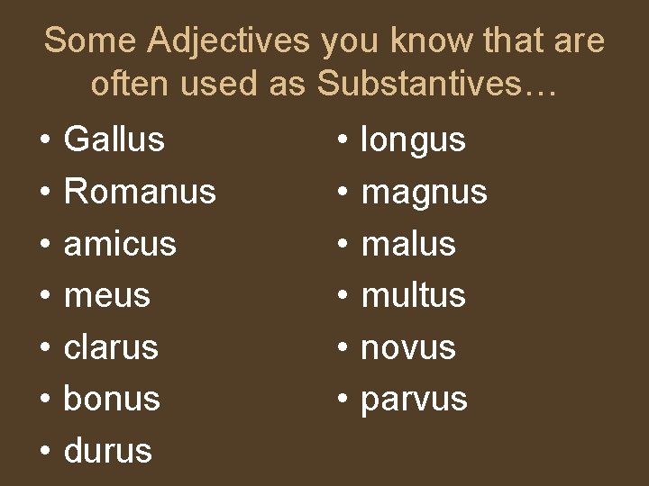 Some Adjectives you know that are often used as Substantives… • • Gallus Romanus