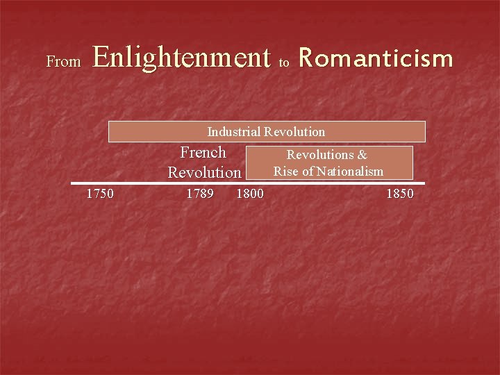 From Enlightenment to Romanticism Industrial Revolution French Revolution 1750 1789 1800 Revolutions & Rise