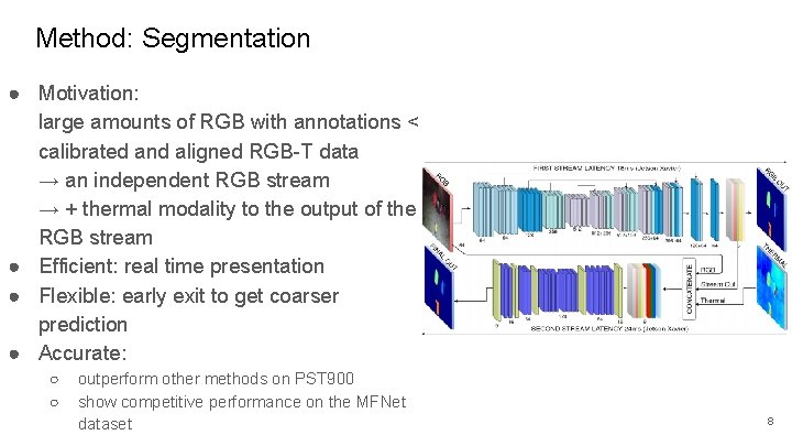 Method: Segmentation ● Motivation: large amounts of RGB with annotations < calibrated and aligned Method: Segmentation ● Motivation: large amounts of RGB with annotations < calibrated and aligned