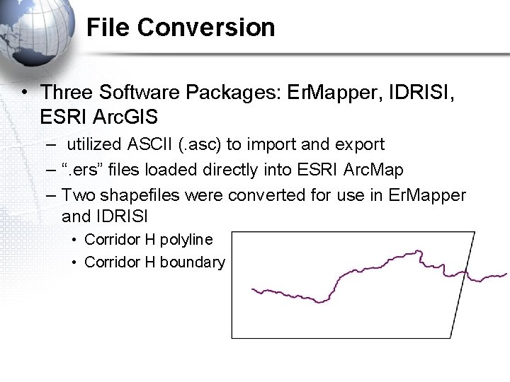 File Conversion • Three Software Packages: Er. Mapper, IDRISI, ESRI Arc. GIS – utilized File Conversion • Three Software Packages: Er. Mapper, IDRISI, ESRI Arc. GIS – utilized