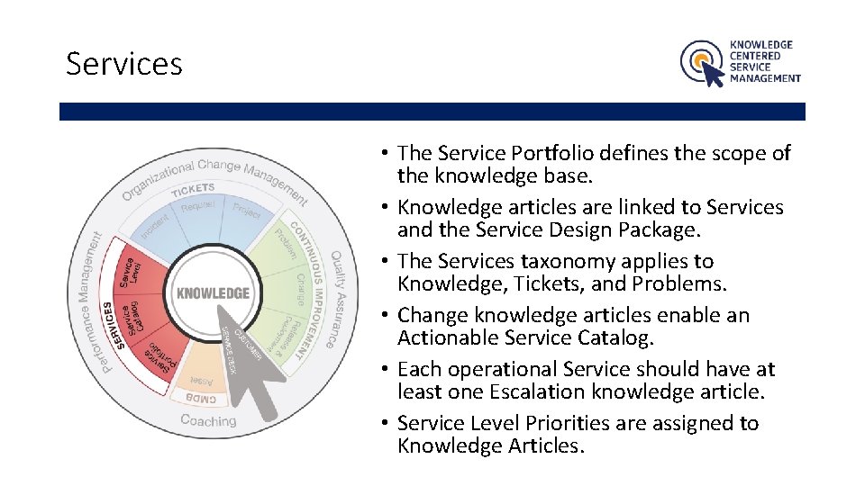 Services • The Service Portfolio defines the scope of the knowledge base. • Knowledge