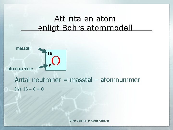 Att rita en atom enligt Bohrs atommodell masstal 16 atomnummer 8 O Antal neutroner