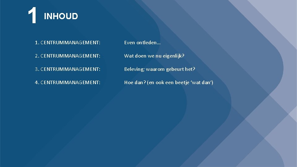 1 INHOUD 1. CENTRUMMANAGEMENT: Even ontleden… 2. CENTRUMMANAGEMENT: Wat doen we nu eigenlijk? 3.