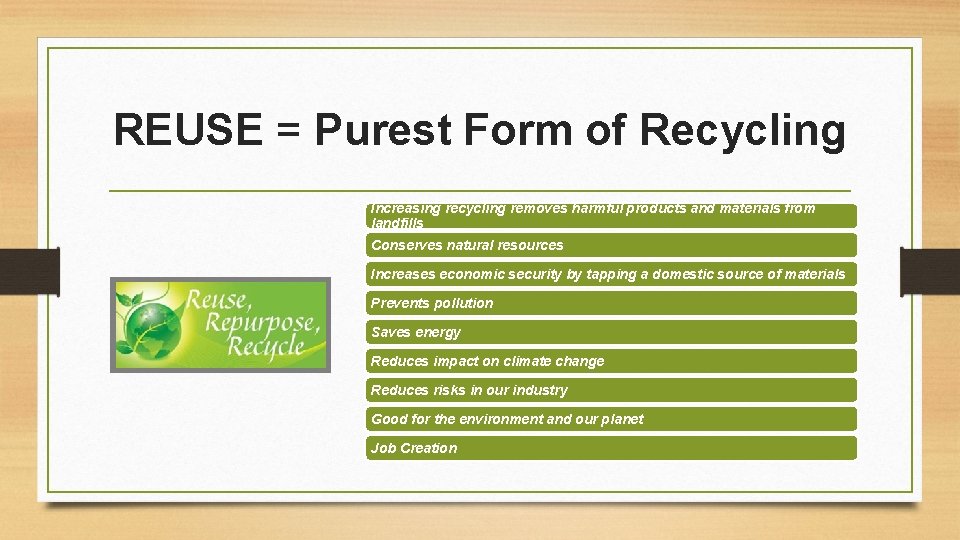 REUSE = Purest Form of Recycling Increasing recycling removes harmful products and materials from