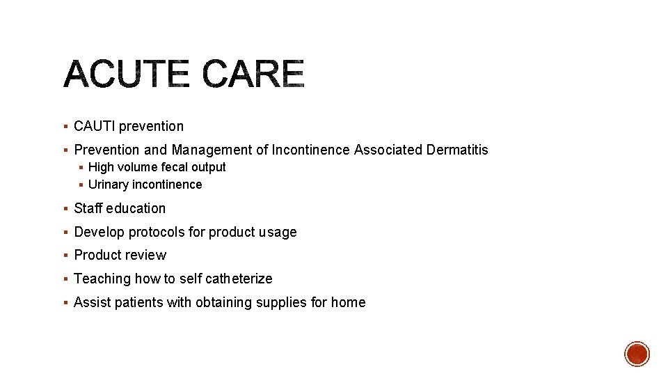 § CAUTI prevention § Prevention and Management of Incontinence Associated Dermatitis § High volume