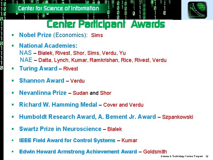 Center for Science of Information Center Participant Awards § Nobel Prize (Economics): Sims §