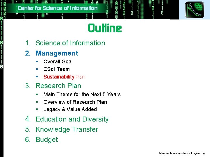 Center for Science of Information Outline 1. Science of Information 2. Management § §
